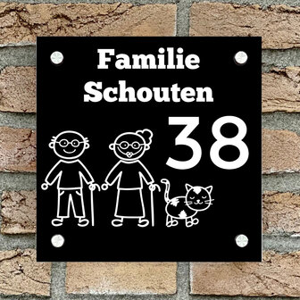 Naambordje voordeur vierkant familie 4 zwart bordje met witte tekst