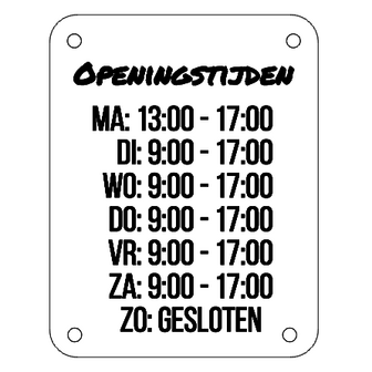 Openingstijden bord 300 x 235 mm