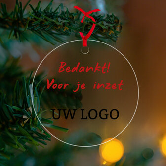 Plexiglas kerstbal met bedrukking bedankt voor je inzet type 2 met logo bedrukking