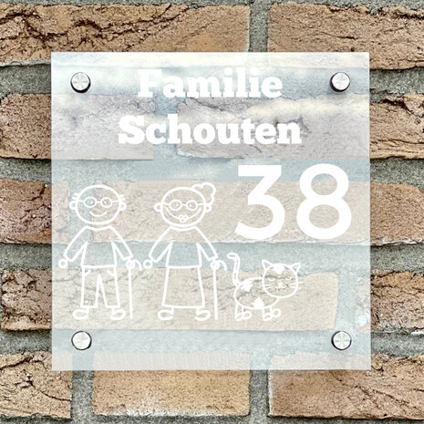 Naambordje voordeur vierkant familie 4 transparant bordje met witte tekst