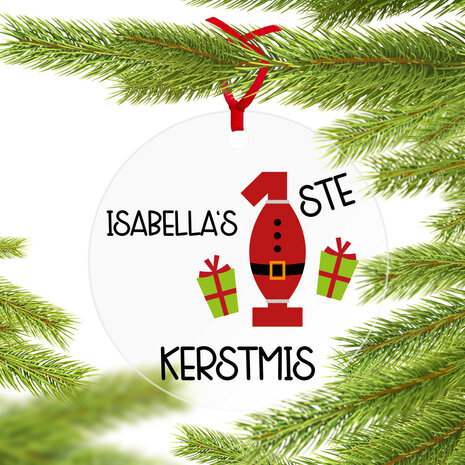 Plexiglas kerstbal met bedrukking 1ste kerstmis met eigen naam