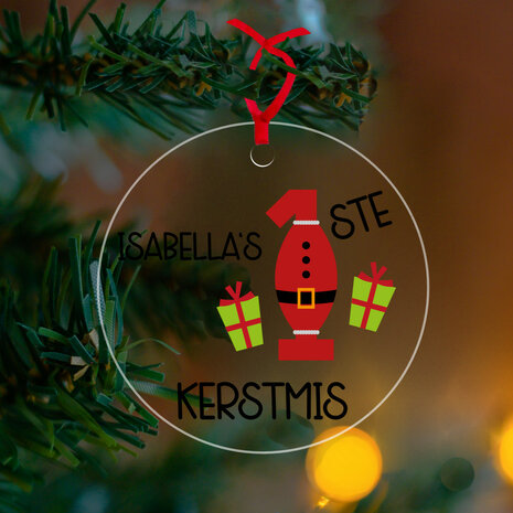 Plexiglas kerstbal met bedrukking 1ste kerstmis met eigen naam