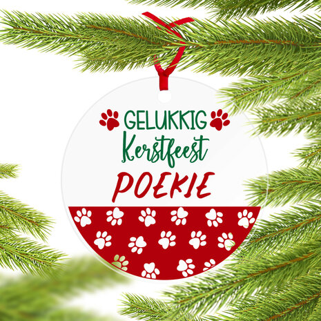 Plexiglas kerstbal met bedrukking katten/honden pootjes Gelukkig Kerstfeest met eigen naam