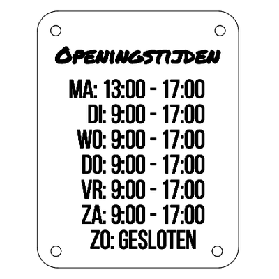 Openingstijden bord 300 x 235 mm