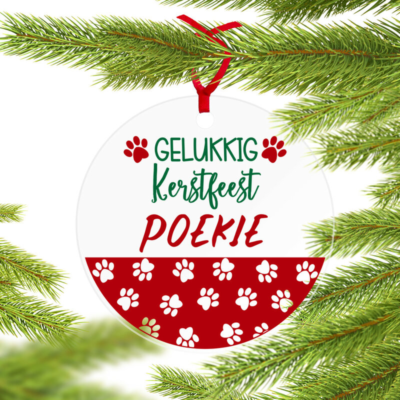 Plexiglas kerstbal met bedrukking katten/honden pootjes Gelukkig Kerstfeest met eigen naam