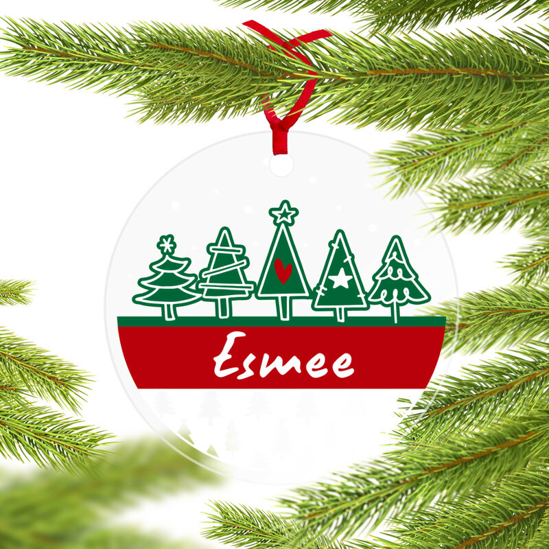 Plexiglas kerstbal met bedrukking Kerstbomen type 21 met eigen tekst