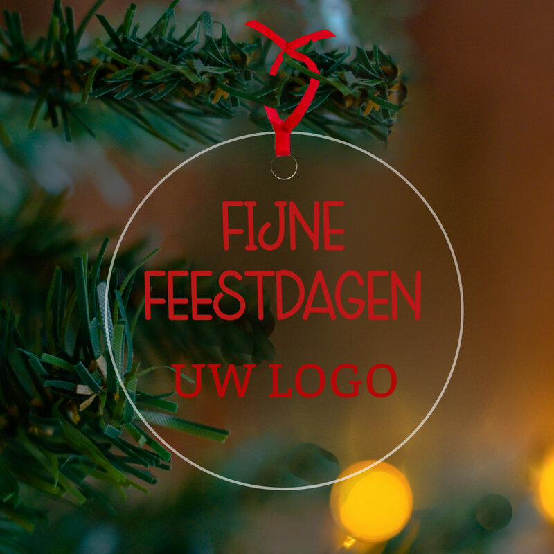 Plexiglas kerstbal met bedrukking fijne feestdagen met logo bedrukking
