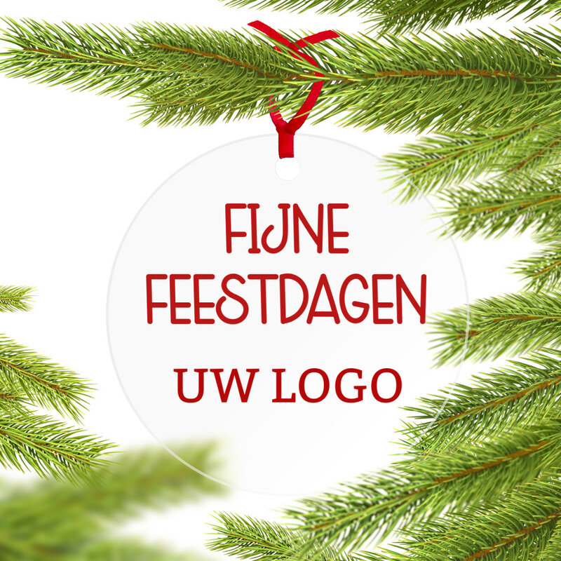 Plexiglas kerstbal met bedrukking fijne feestdagen met logo bedrukking