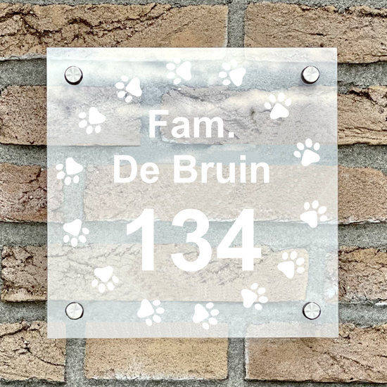 Naambordje voordeur vierkant 21 transparant bordje met witte tekst
