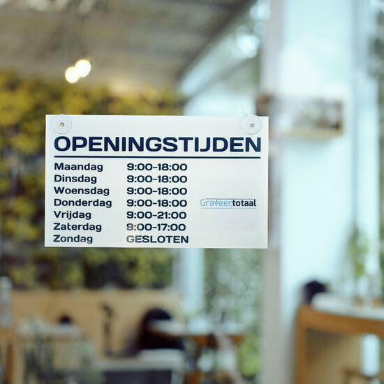 Openingstijden bord wit 200 x 120 mm - Luxe 3mm acryl bordje met zuignappen - Wij bedrukken deze met jouw openingstijden en logo!