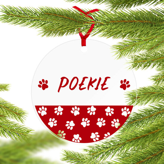 Plexiglas kerstbal met bedrukking katten / honden pootjes met eigen naam - Wij graveren deze luxe kerstbal met jouw tekst
